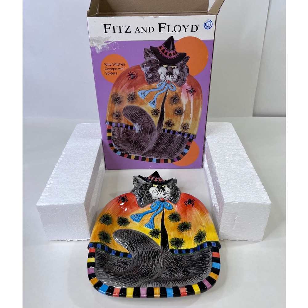 Fitz and Floyd Essentials Kitty Witches Canape Plate Halloween Cat Spider Box